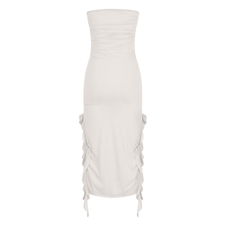 bandeau ruffle asymmetric hem midi dress Asymmetrical Tiered Ruffle Midi Dress