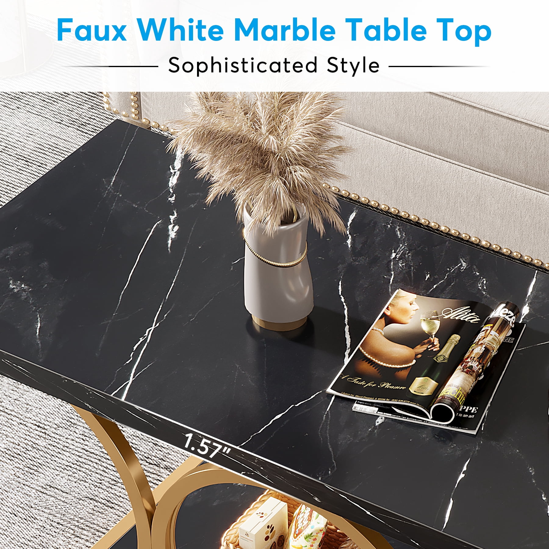 Fnova 47.24" Rectangular Coffee Table, Modern 2-Tier Imitation Marble Wood Coffee Tables with Storage Shelf for Living Room, Geometric Metal Legs, Easy Assembly
