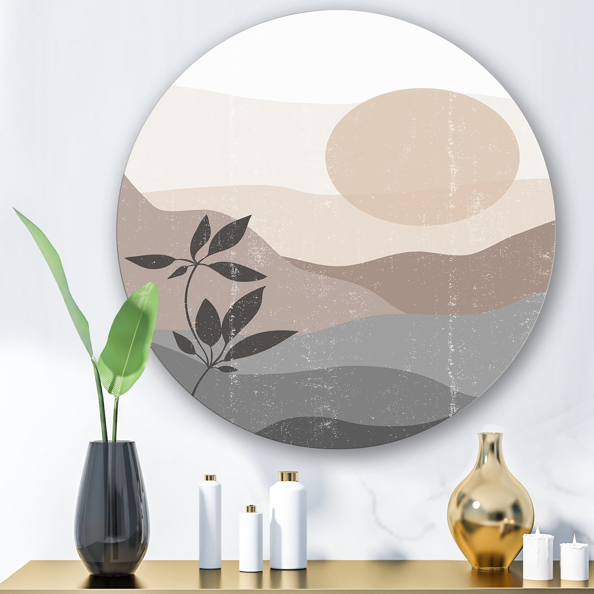 Designart 'Minimalist Sunset Over Mountain Landscape' Modern Circle Metal Wall Art 23x23 - Disc of 23