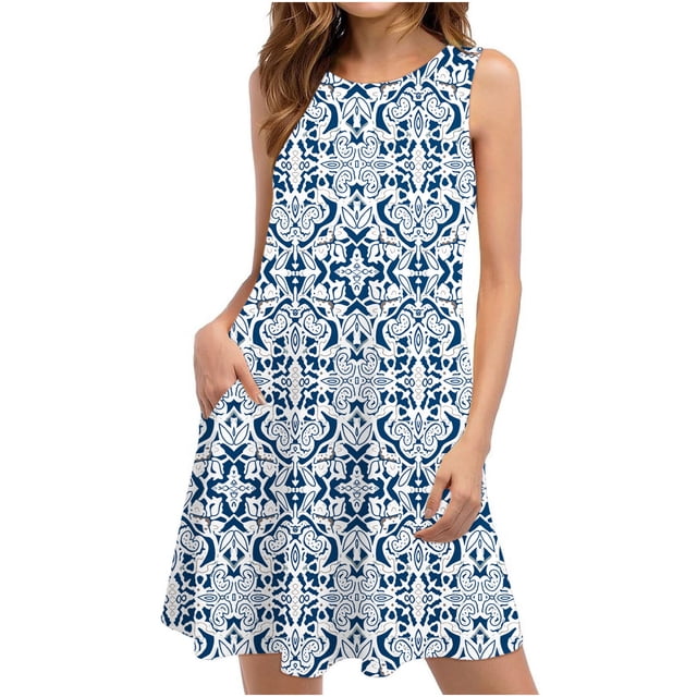 Mefallenssiah Robes d'Été pour Femmes Plage Florale T-Shirt Robe Décontractée Poches Boho Robe Débardeur