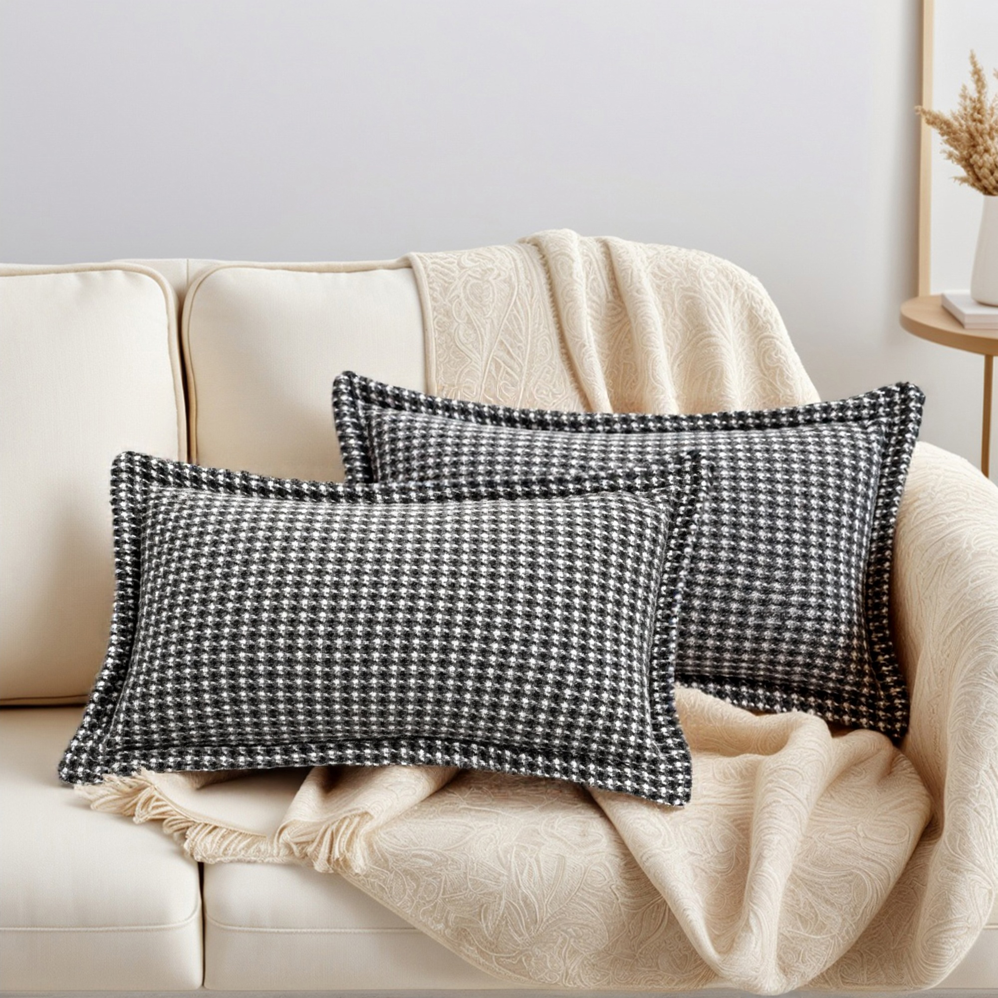 Unique Bargains Soft Houndstooth Throw Pillow Covers Set of 2 Black 20" x 12"
