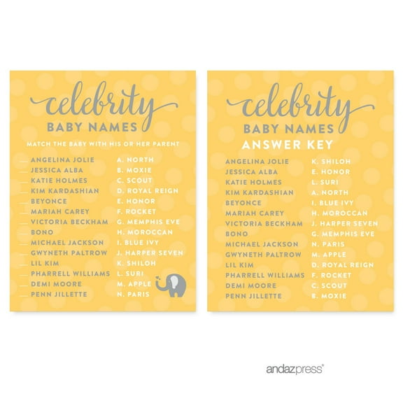 Celebrity Name Game Yellow Gender Neutral Elephant Baby Shower Games, 20-Pack
