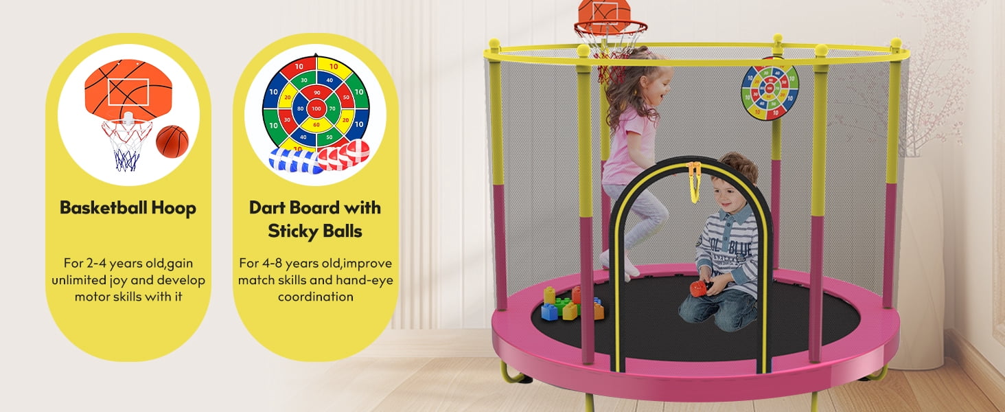 72" Trampoline for Kids with Net,6 FT Indoor & Outdoor Small Toddler Trampoline with Basketball Hoop & Dart Board for Ages 1-8, Gifts for Boys & Girls, Baby Toddler Christmas Toys