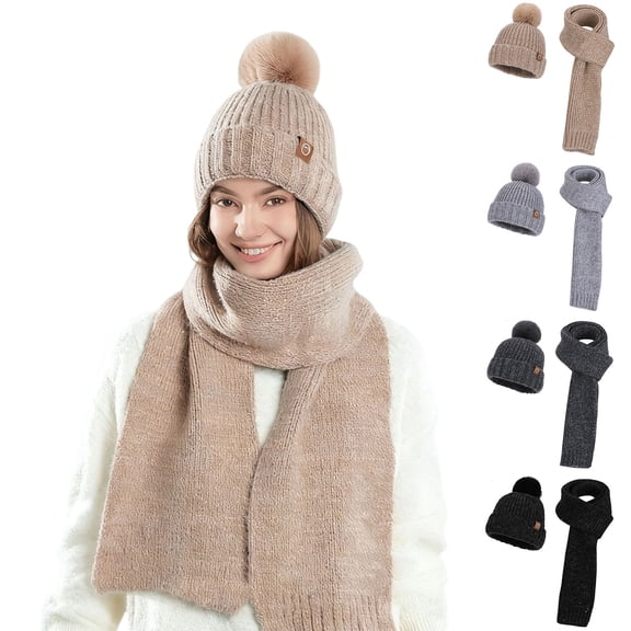 Idoravan Winter Scarf for Women Cold Weather Set A Two-piece Winter Knitted Woolen Women's Hat Set With Cold-proof And Warm Hats Scarves And Woolen Ear Protection Gray