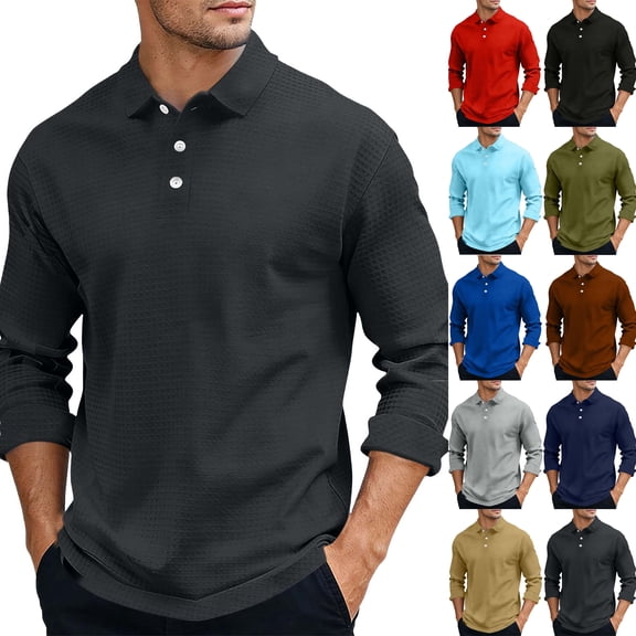 Men's Long Sleeve Polos Shirts Solid Color Button Turndown Collar Pullover Top for Daily Commuting