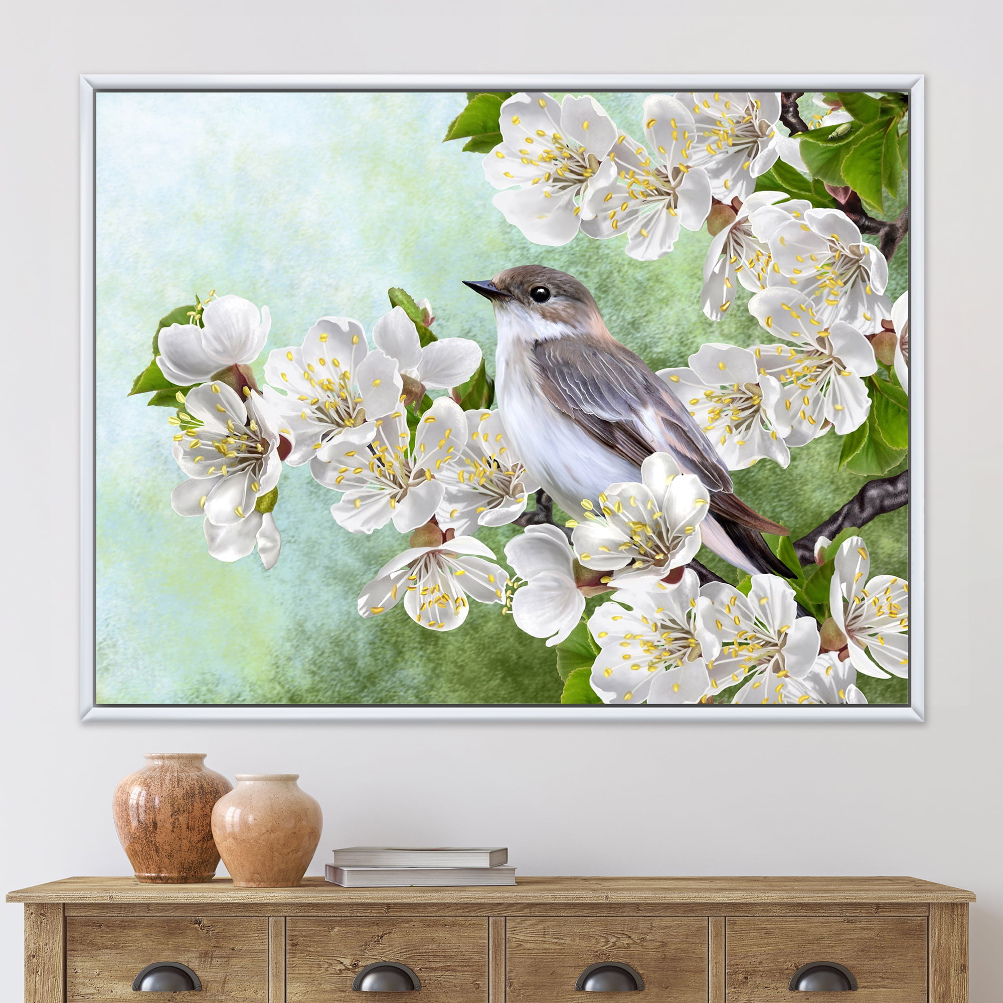 Designart 'Gray Bird Sitting On A Branch of A Blossoming Tree' Traditional Framed Canvas Wall Art Print