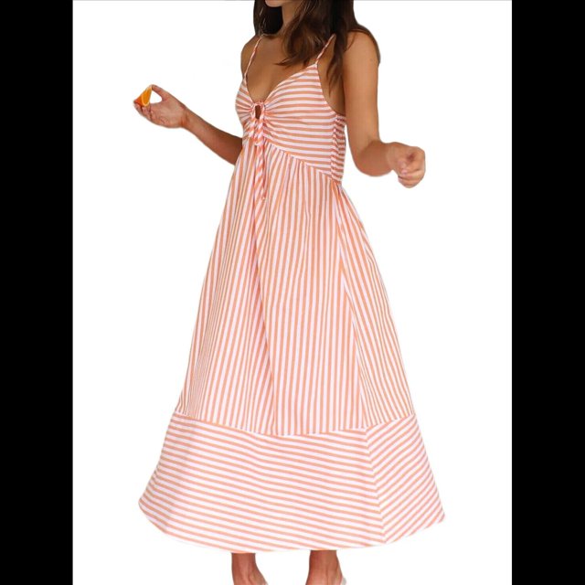 Vestido de Verano con Cuello en V para Mujer, A Rayas, Estilo Bohemio, para Playa, con Tirantes Finos y Lazo en la Espalda. Rosa L