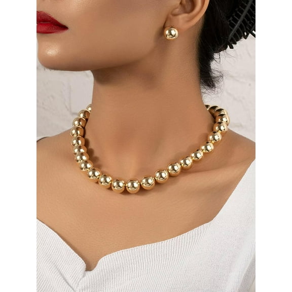 EOEMY Minimalistic Gold-Tonbe Beaded Necklace & Stud Earrings Jewelry Set Jewelry Gift-Default