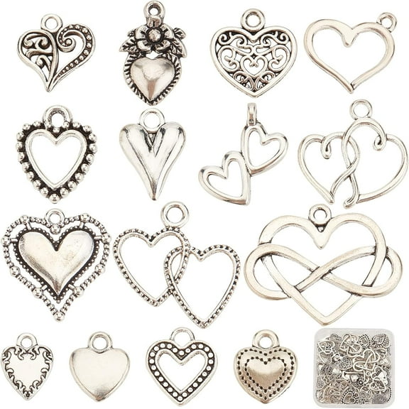 1 Box 90Pcs 15 Styles Heart Charms Hearts Charm Silver Hollow Love Charms Tibetan Style Alloy Mother's Day Charm for Jewelry Making Charms Valentine's Day Gifts Handmade Crafting