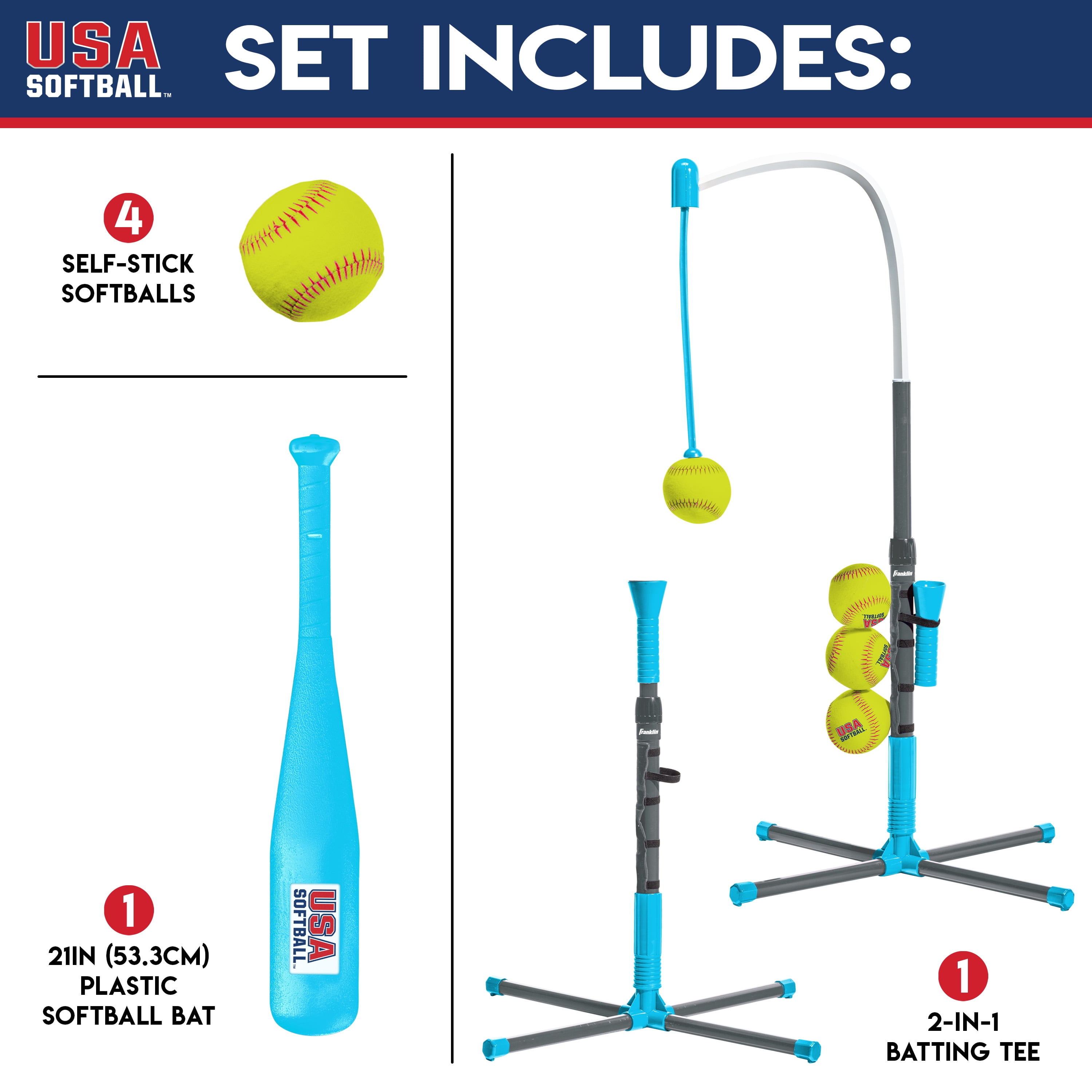 Franklin Sports Grow with Me Kids Teeball + Softball Batting Tee, Blue/Grey