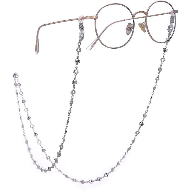 Cadena de gafas con forma de corazón plateado, cadena para mascarilla, accesorios para gafas para mujer, goma plateada y blanca
