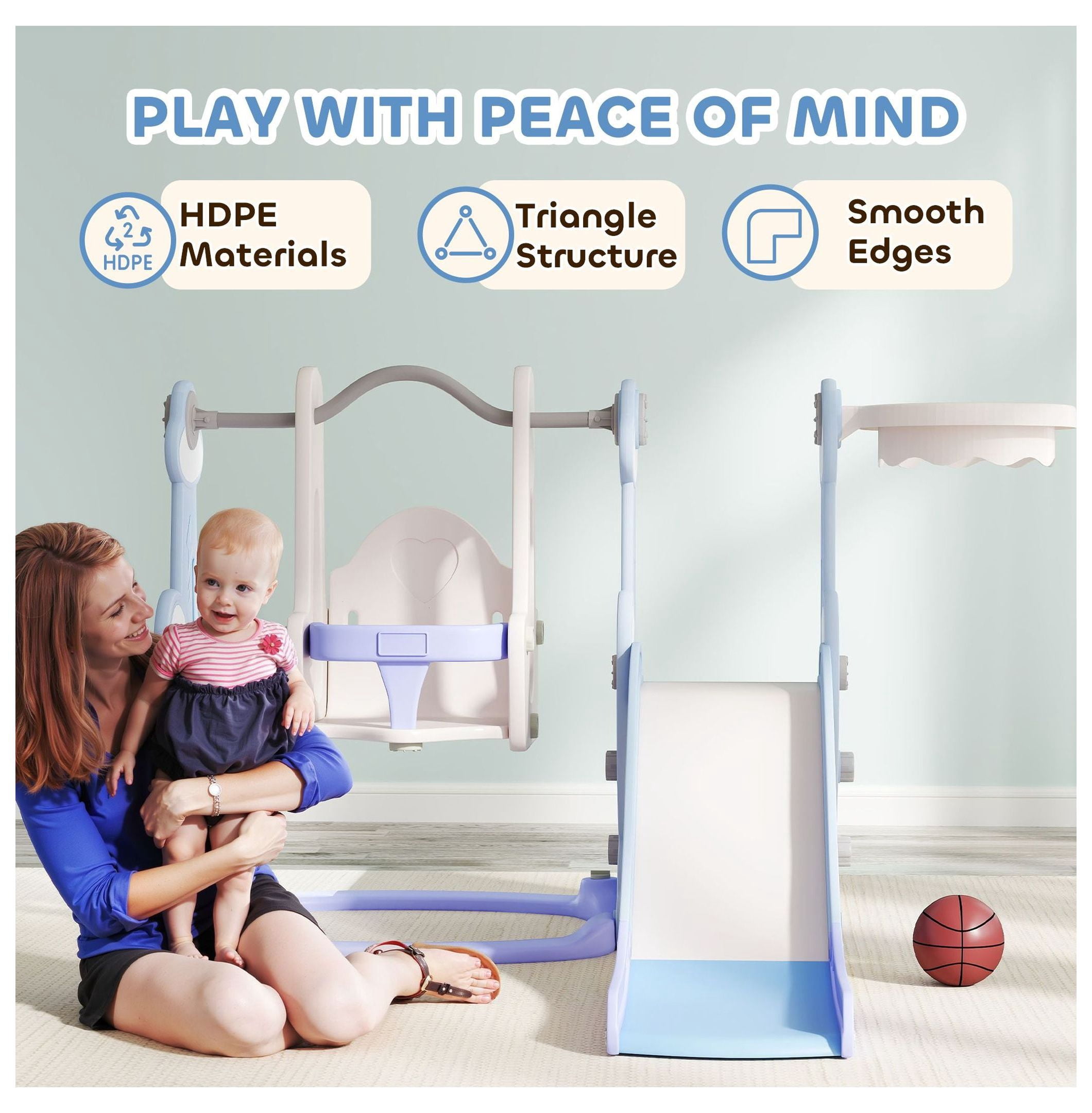 Toddler 4-in-1 Swing Set & Slide - Indoor Playground for 1.5-4 Year Olds - Light Blue - Rocket Design with Climber & Basketball Hoop