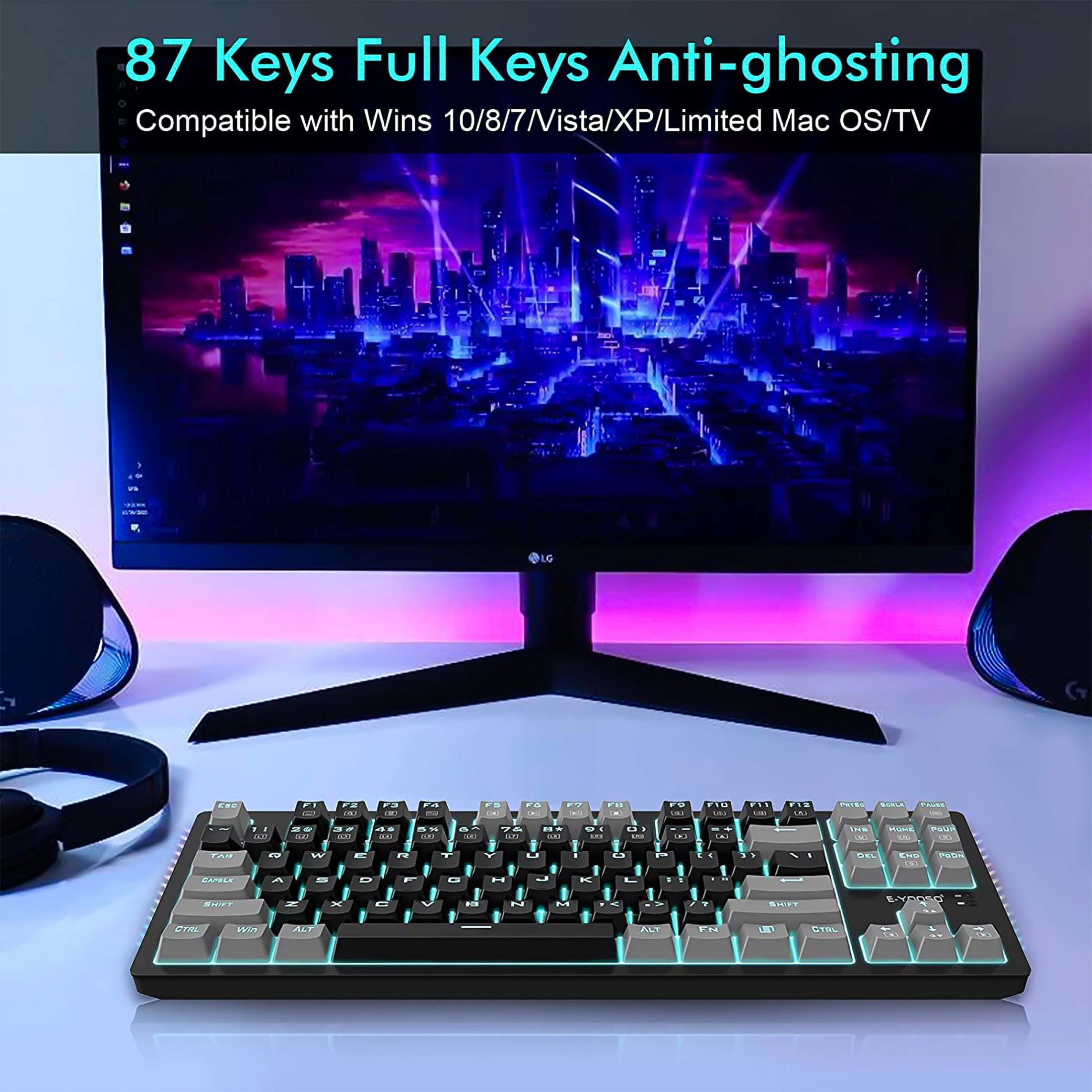 Mechanical Gaming Keyboard, E-YOOSO Wired 75% Mechanical Keyboard with Blue Switches, 87 Keys Gaming Keyboard with Solid Color Backlit & RGB LED Sidelight for Windows Mac PC Gaming