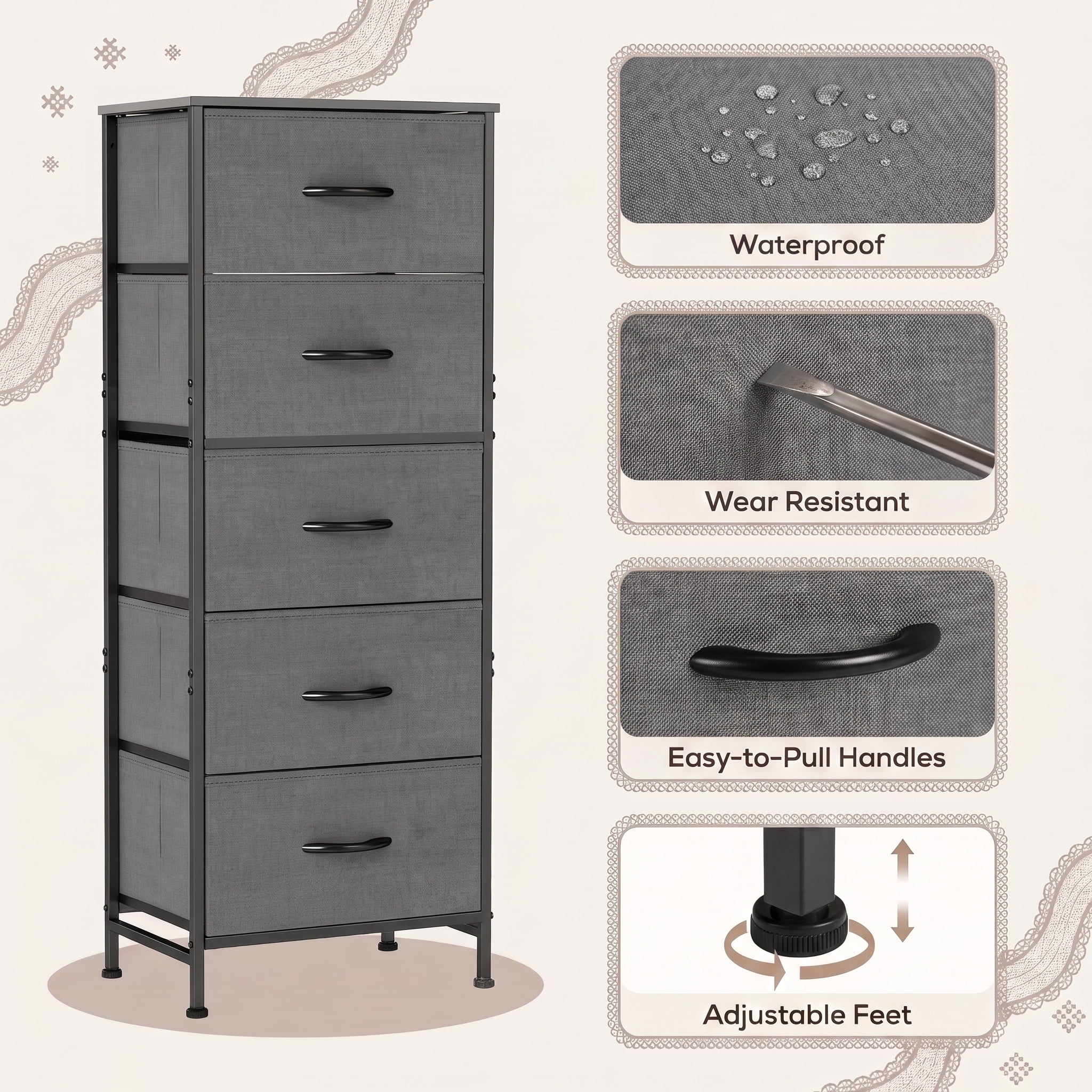 TrumanPick Fabric Storage Drawer Bedroom Dresser, Tall Dresser for Closet, 5 Fabric Dresser with 5 Storage Drawers for Clothes, Living Room, Hallway, Entryway, Gray