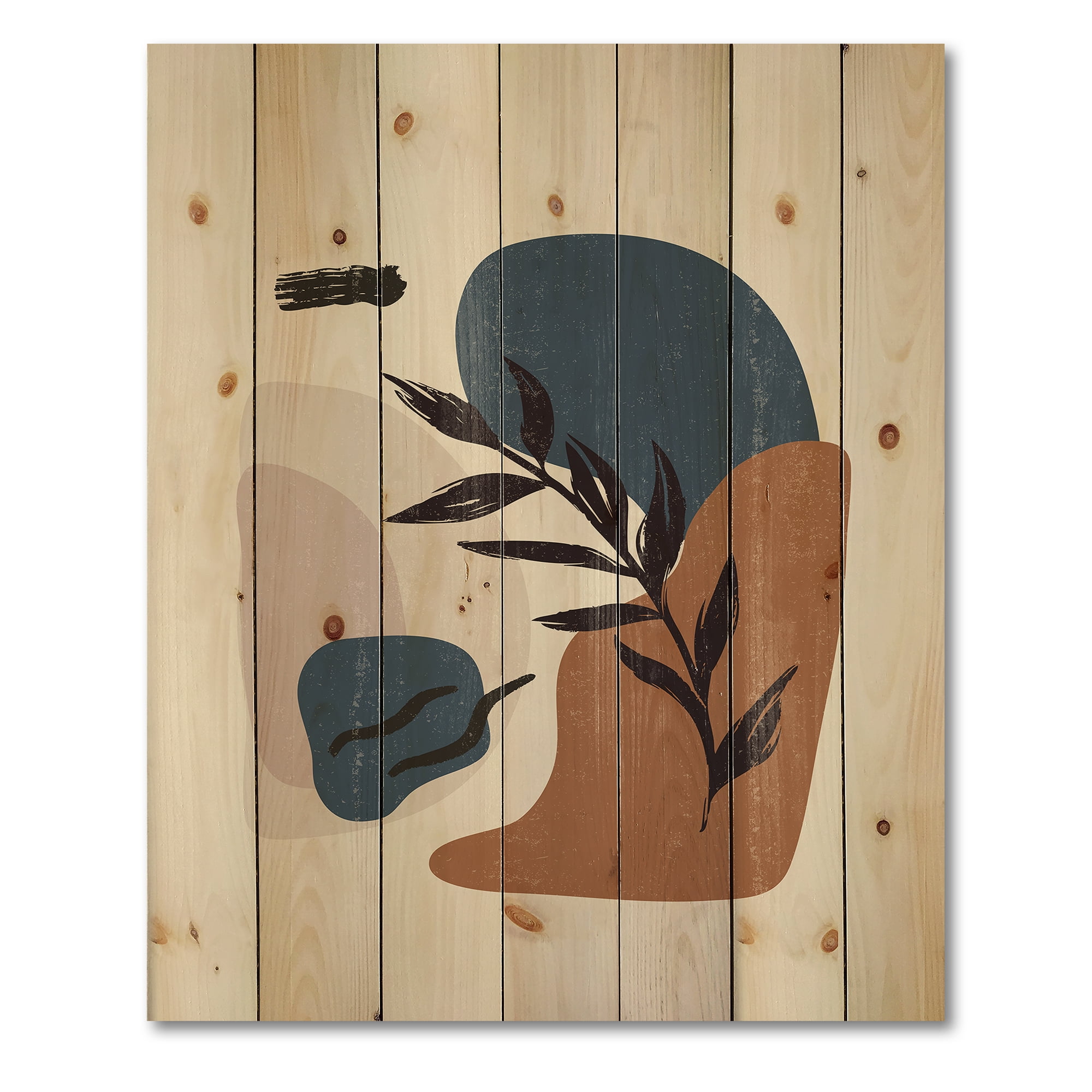 Designart 'Boho Minimalist Botanical Vintage Print' Modern Print on Natural Pine Wood