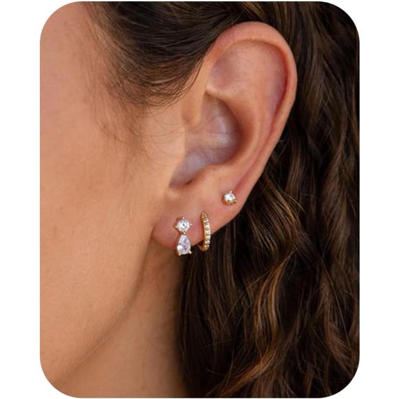 shiyou-Gold Earrings Sets for Women,Hypoallergenic Trendy Dangle Stud Huggie Hoop Earring Stacks for Cartilage Tragus Piercing,Dainty Cubic Zirconia Small Hoop Earrings Stacks for Sensitive Ears