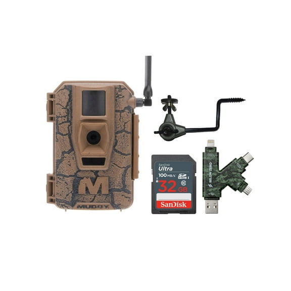 Muddy Mitigator Cellular 24MP Imaging Trail Camera Bundle with Trail Camera Holder, SDHC UHS-I Memory Card, and High Speed Card Reader (4 Items)