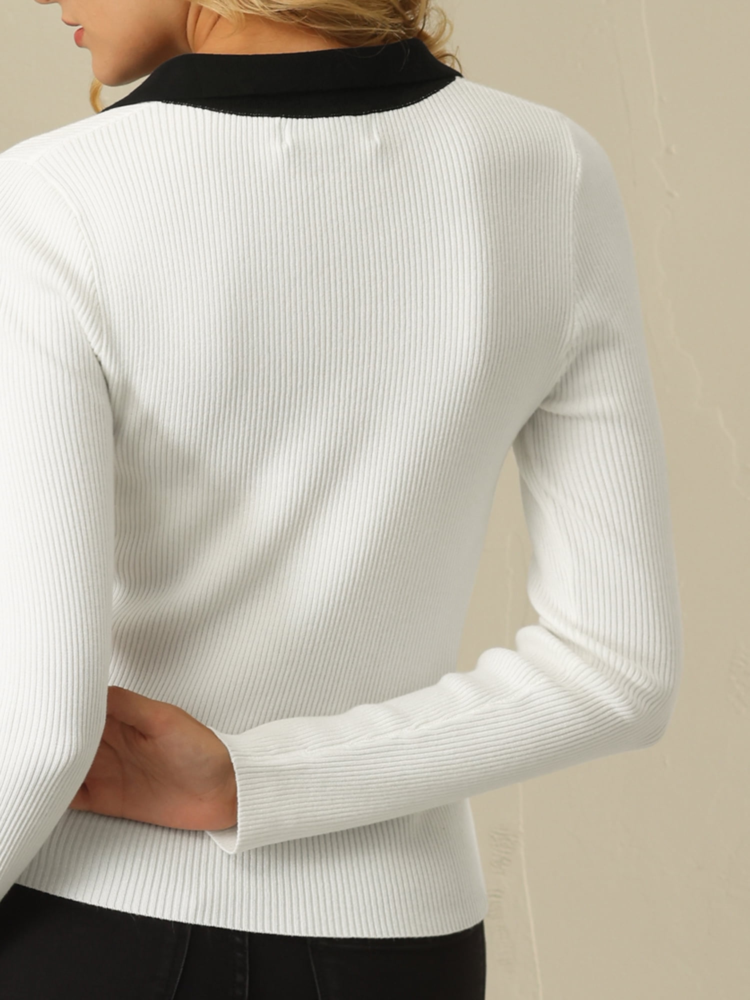 DARING DIVA Women's Polo V Neck Long Sleeve Ribbed Knit Blouse S White