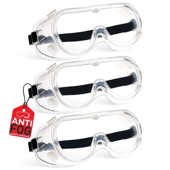 Bison Life Anti-Fog Clear Safety Goggles for Men & Women with Adjustable Strap – Chemical & Splash Resistant, 3-Pack