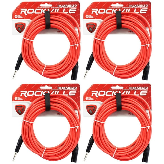 4 Rockville RCXMB30-R Red 30' Male REAN XLR to 1/4'' TRS Balanced Cables