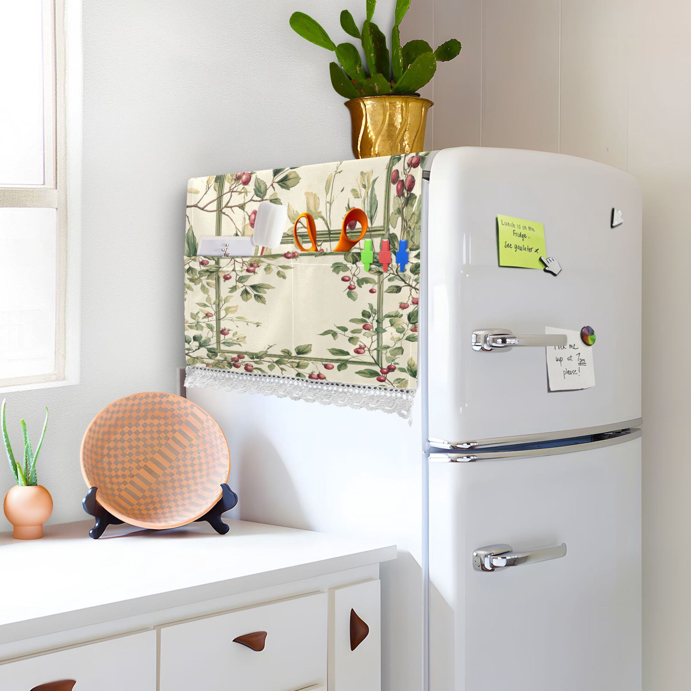 Red Fruit PatternWasher and Dryer Covers Dust-Proof and Oil Resistant Fridge Cover with 4 Storage Pockets Washing Machine Top Cover for Laundry Kitchen Home 51.2 x 22 In