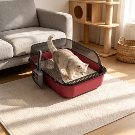 Cat Litter Box Semi Enclosed with Top Entry Lid High Sides Odor Control Covered Litter Pan with Scoop for Indoor Cats - Plastic Easy Clean Two Layer Detachable Design Large Capacity Pink