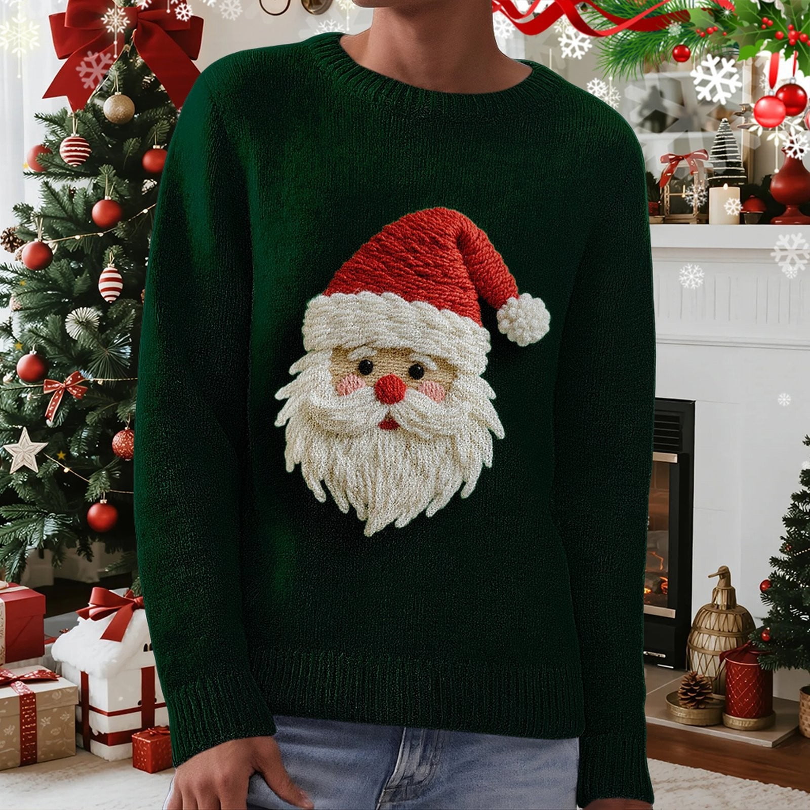 BODOAO Christmas Sweater for Women Retro Cute Santa Claus Graphic Long Sleeve Knitted Crew Neck Xmas Pullover Tops Novelty Funny Creweck Knit Pullover Sweaters Holiday Party Graphic Sweatshirts