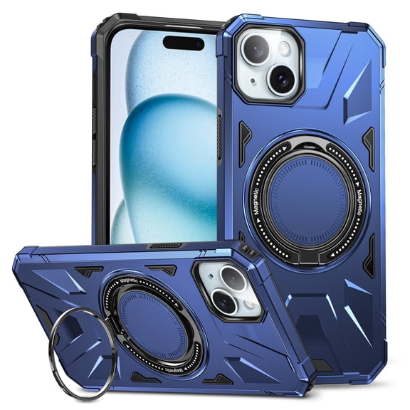 Magnetic Case for iPhone 14, Compatible with Mag-Safe Kickstand Case Military Grade Shockproof Protective Cover Rugged Phone Case with Rotated Ring Bracket for iPhone 14, Blue