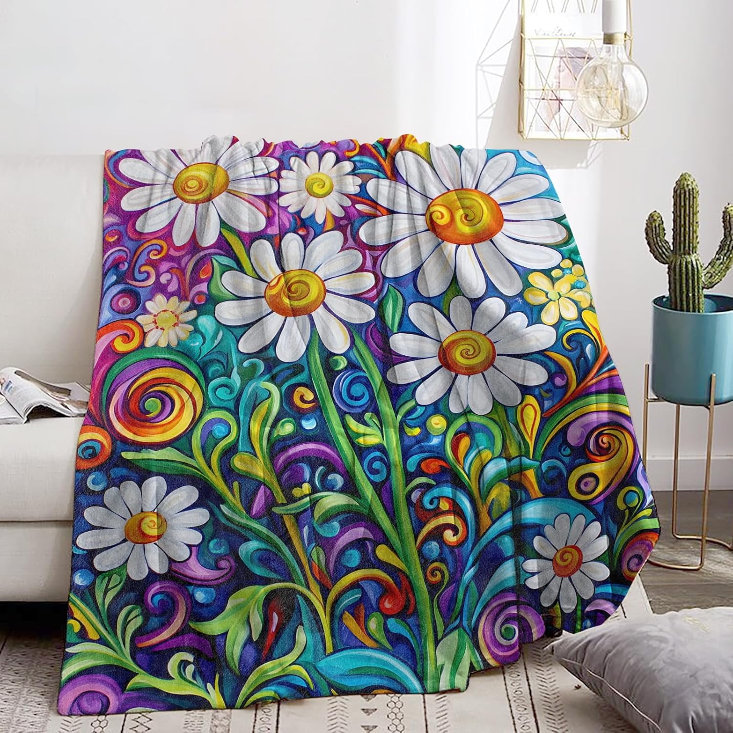 Vibrant Daisy Blanket Soft Cozy Flannel Floral Throw Blanket, Warm Yet Lightweight Colorful Daisies Pattern Blankets for Travel, Couch, Bed, for Adults Women Girls, Outdoor Comfort Wrap 80"×60"