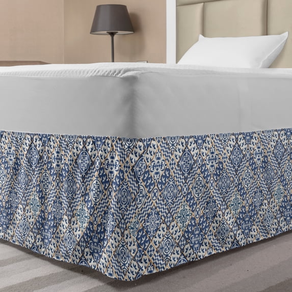 Moroccan Bed Skirt, Squares and Rectangles Oriental Compositions Floral Arrangement Geometric, Elastic Bedskirt Dust Ruffle Wrap Around for Bedding Decor, 4 Sizes, Blue Orange White, by Ambesonne
