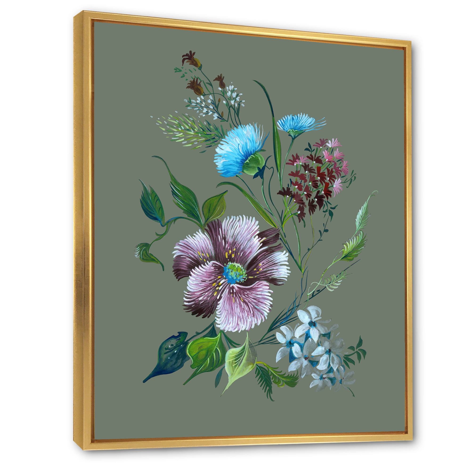 Designart 'Turquoise and Purple Spring Flowers' Traditional Framed Canvas Wall Art Print