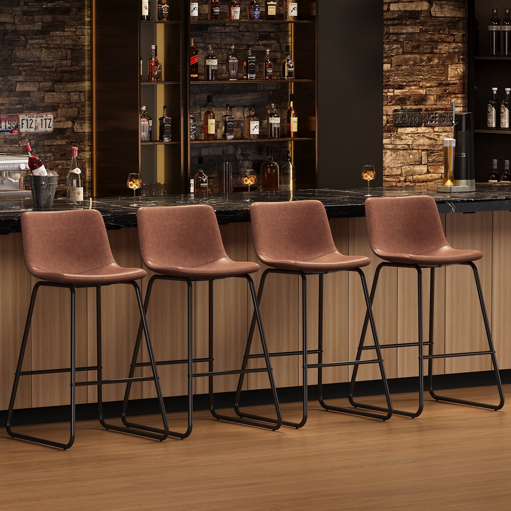Aufeile 26" Counter Height Bar Stools Set of 2 – Modern Faux Leather Barstools with Back & Metal Legs, Kitchen Bar Chairs for Island, Dining Room, Dark Brown