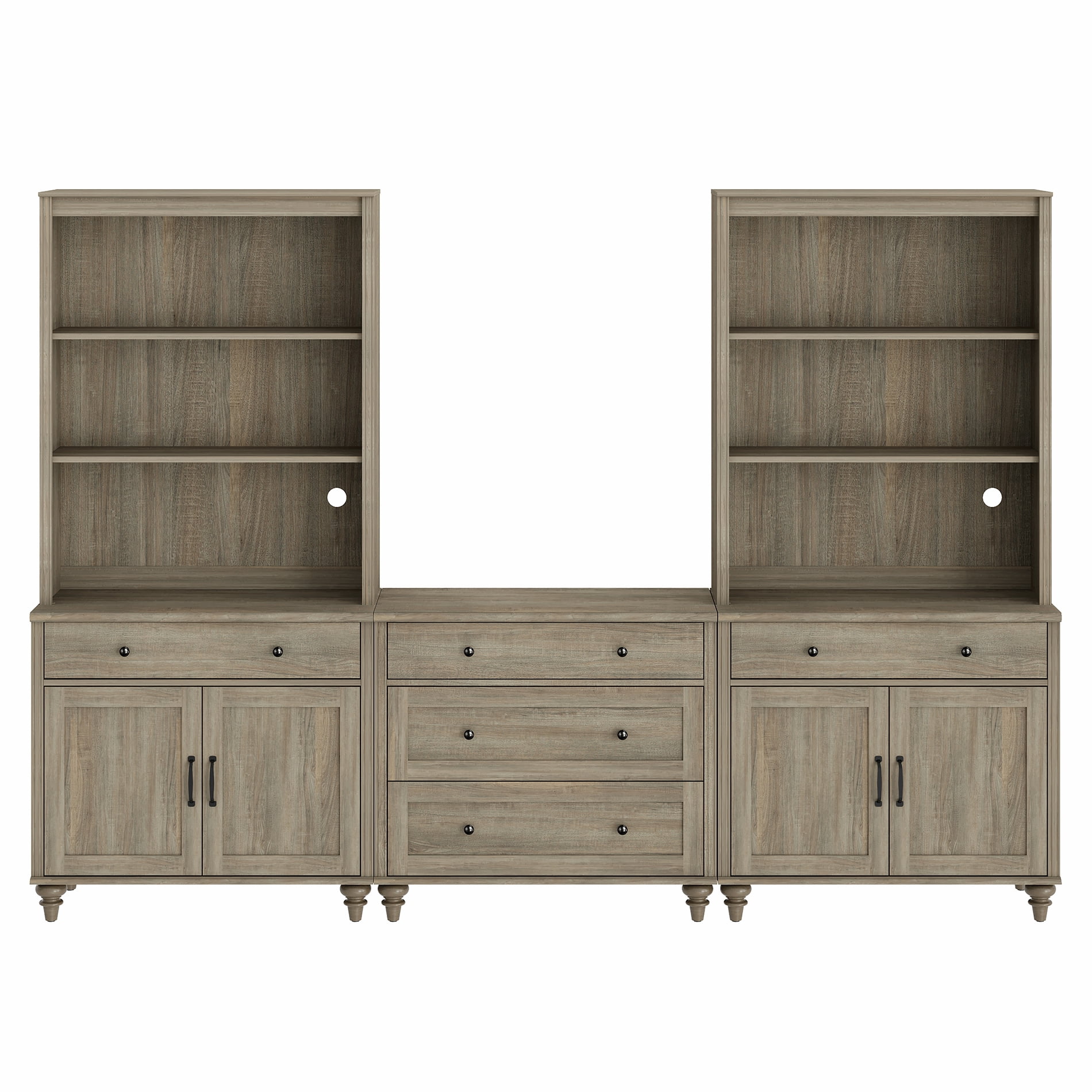 Farmhouse Bookcase With 5 Drawers and 4 Doors, Wash Gray, 101.6" W