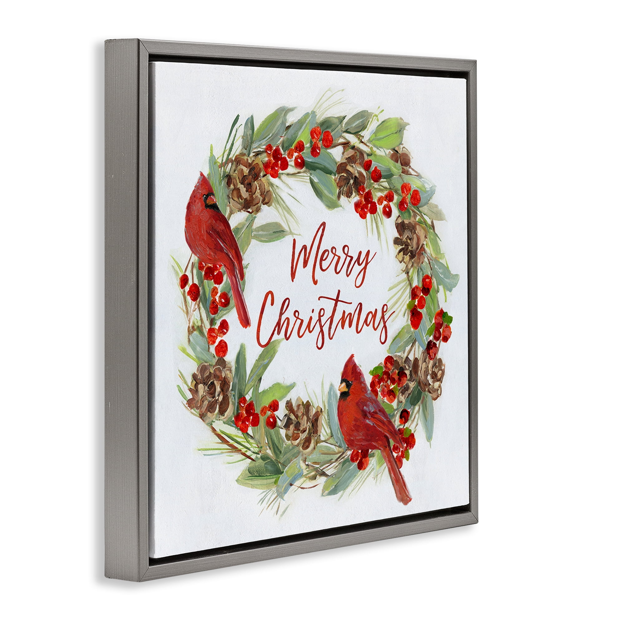 Stupell Industries Cardinals & Merry Christmas Holiday Painting Gray Floater Framed Canvas Art Prints Wall Art, 18 x 18