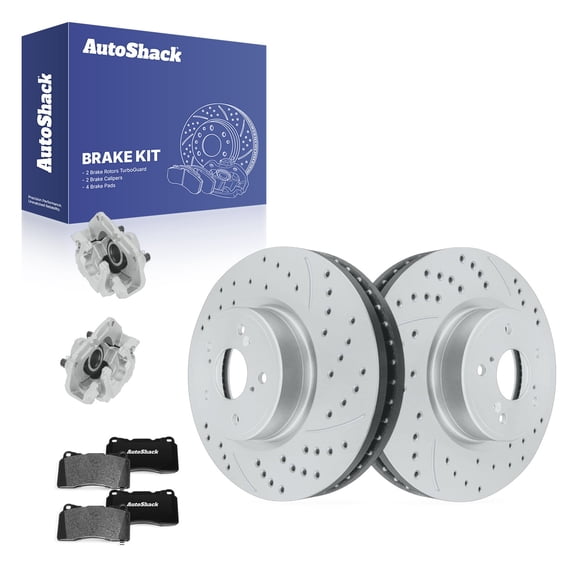 AutoShack Front Vented Drilled & Slotted Coated Brake Rotors Silver Matte Finish   Ceramic Pads   Calipers 8-PC Brake Kit Replacement for 2024 Acura Integra TurboGuard 12.26" (311.5 mm)