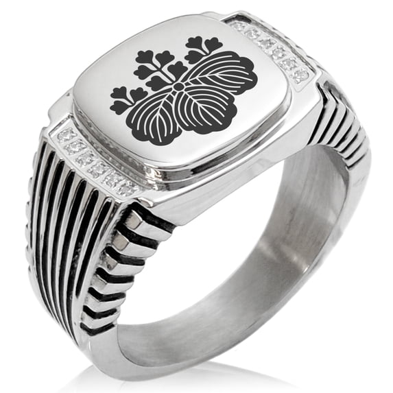 Stainless Steel Toyotomi Samurai Crest CZ Ribbed Needle Stripe Pattern Biker Style Polished Ring
