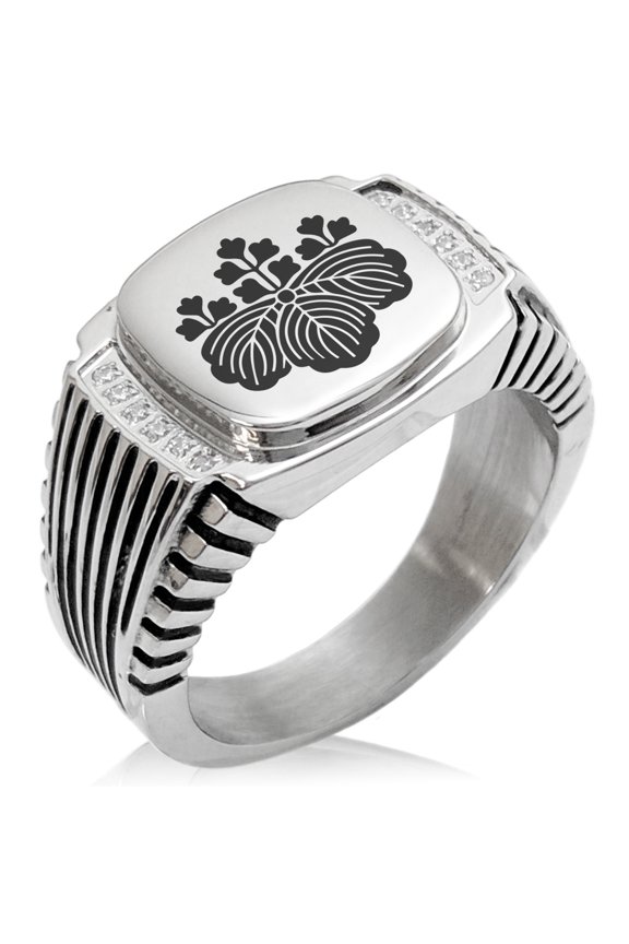 Stainless Steel Toyotomi Samurai Crest CZ Ribbed Needle Stripe Pattern Biker Style Polished Ring