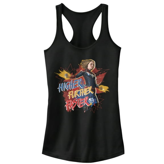 Junior's Marvel Captain Marvel Faster Stars  Racerback Tank Top Black X Small