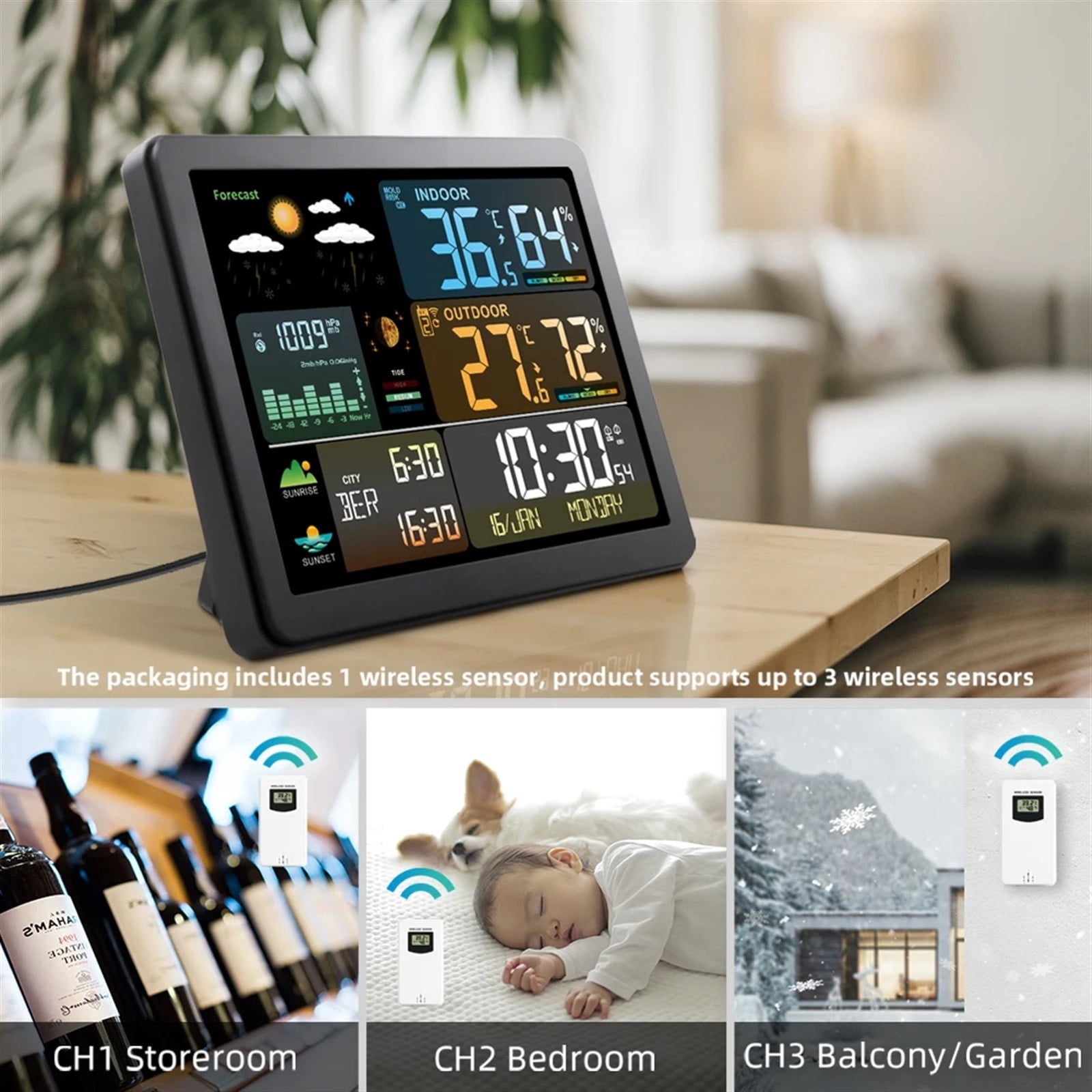 Weather Station for Indoor Outdoor Digital Clock Thermometer Temperature Humidity Monitor with Weather Forecast with 1 Sensor ,High Precision