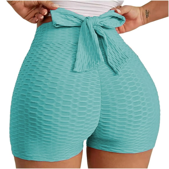 QLEICOM Women's High Waist Hip Stretch Yoga Shorts Tummy Control Fitness Athletic Workout Running Shorts with Deep Pockets Workout Out Biker Shorts Sky Blue XXL, US Size 12