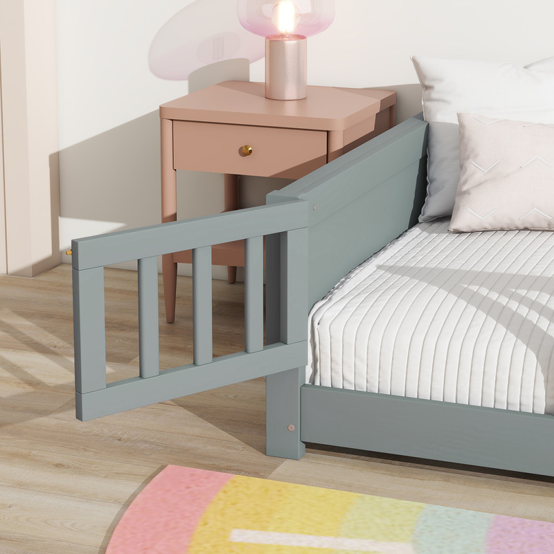 Mirightone Twin Size Floor Bed with Rails and Door, Wood Montessori Floor Bed with Storage Bookcase,&nbsp;Montessori Bed Frame with Fence, Grey