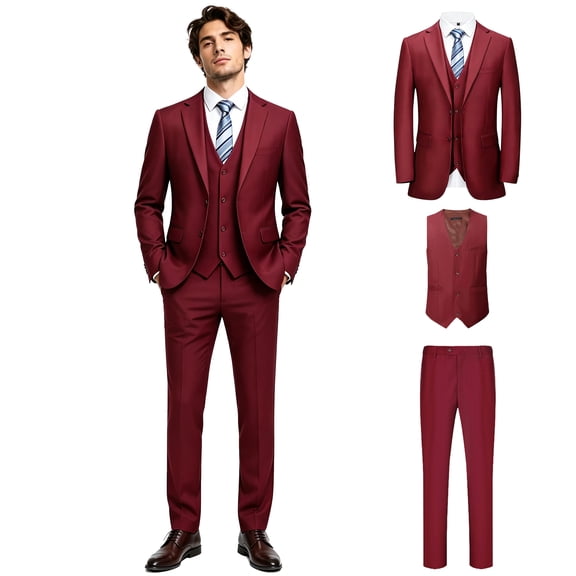 Beauty‑Emily Men's 3‑Piece Burgundy Suit Set, Jacket Vest Pants, Formal Outfit for Banquet, Party, Interview & Business, Shirts & Ties Not Included
