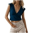 thumbnail image 2 of Women's V Neck Crop Tops Soft Casual Trendy Going Out Tank Top Summer Solid Color Cute Tees Blouses (XL, Blue), 2 of 7