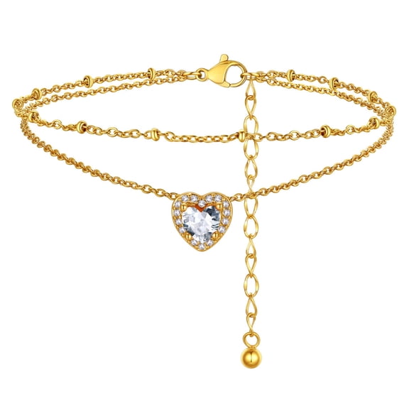 FindChic April Birthstone Anklets for Women 14K Gold Plated Layered Beaded Ankle Bracelets Stainless Steel Heart Foot Chain Summer Jewelry Birthday Mothers Day Gifts Her Mom Wife Adults Ideas