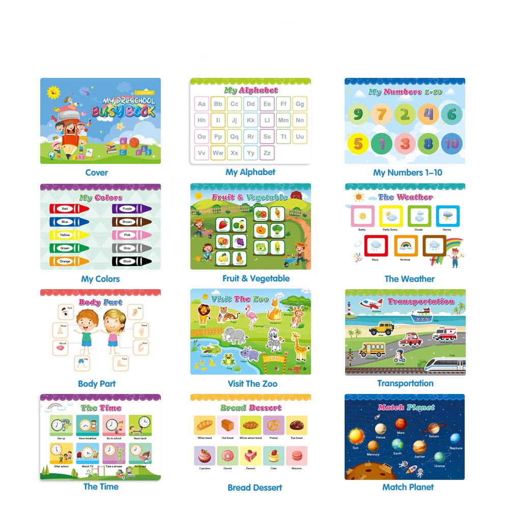 Preschool Busy Book for Toddlers 3 4 5 6 Years Old, Kindergarten Workbook Education Toy for Kids, Reusable Waterproof Quiet Book Activity Board Learning Gift for Kids Boys Girls