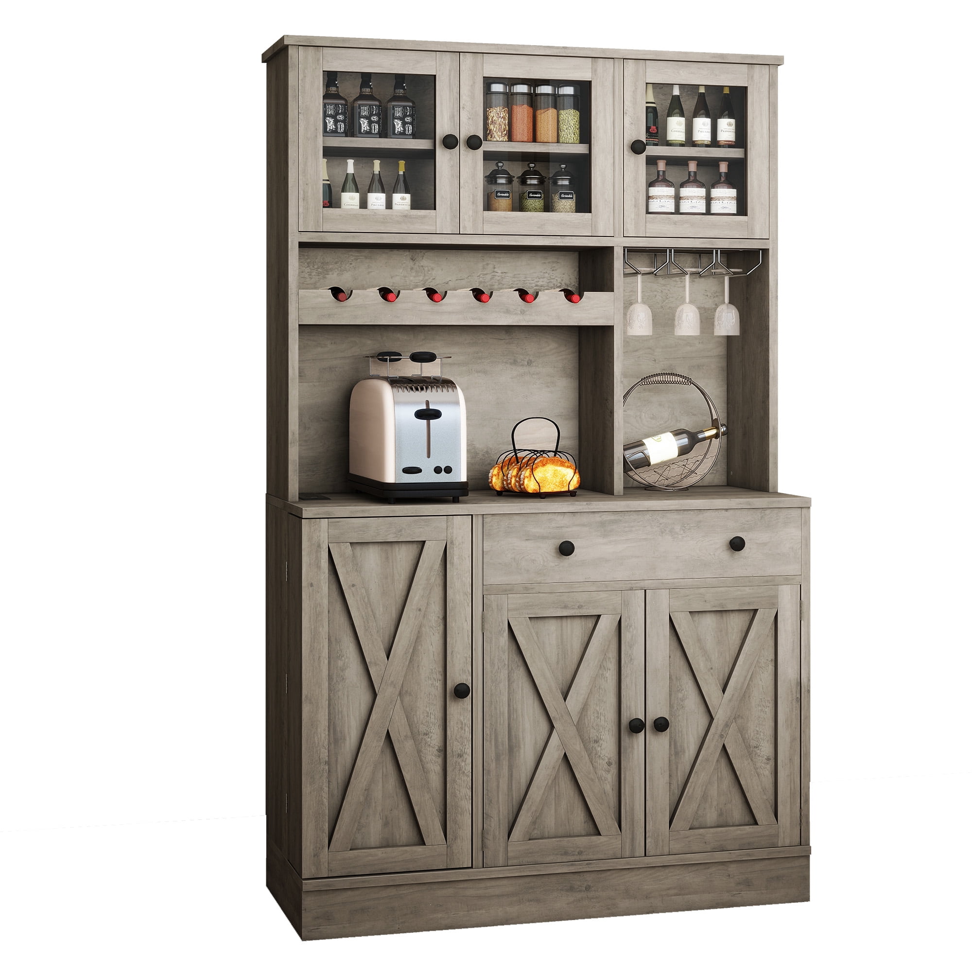 Uforic Kitchen Pantry Cabinet with Charging Station and Drawers,Storage Cabinet for Entryway, Kitchen Gray