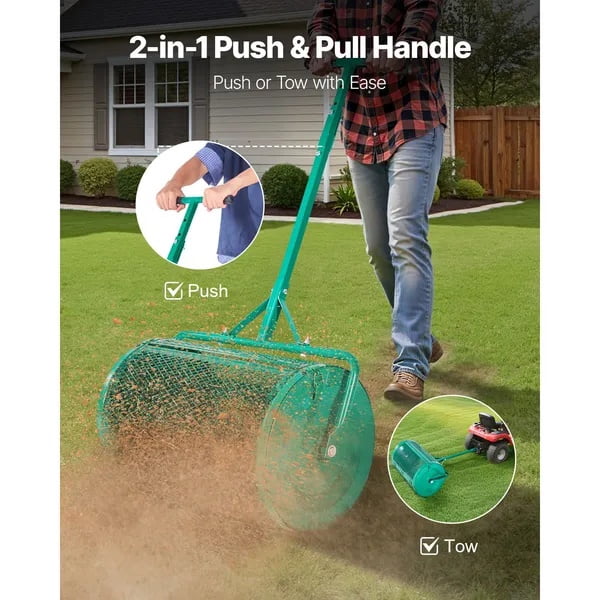 Compost Spreader, 24 in Wide Peat Moss Spreader with Push/Tow Handle, 4 Heights Adjustable, Powder-Coated Steel Garden Peat Moss Roller, Heavy Duty Grass Seed Spreaders for Planting Seeding
