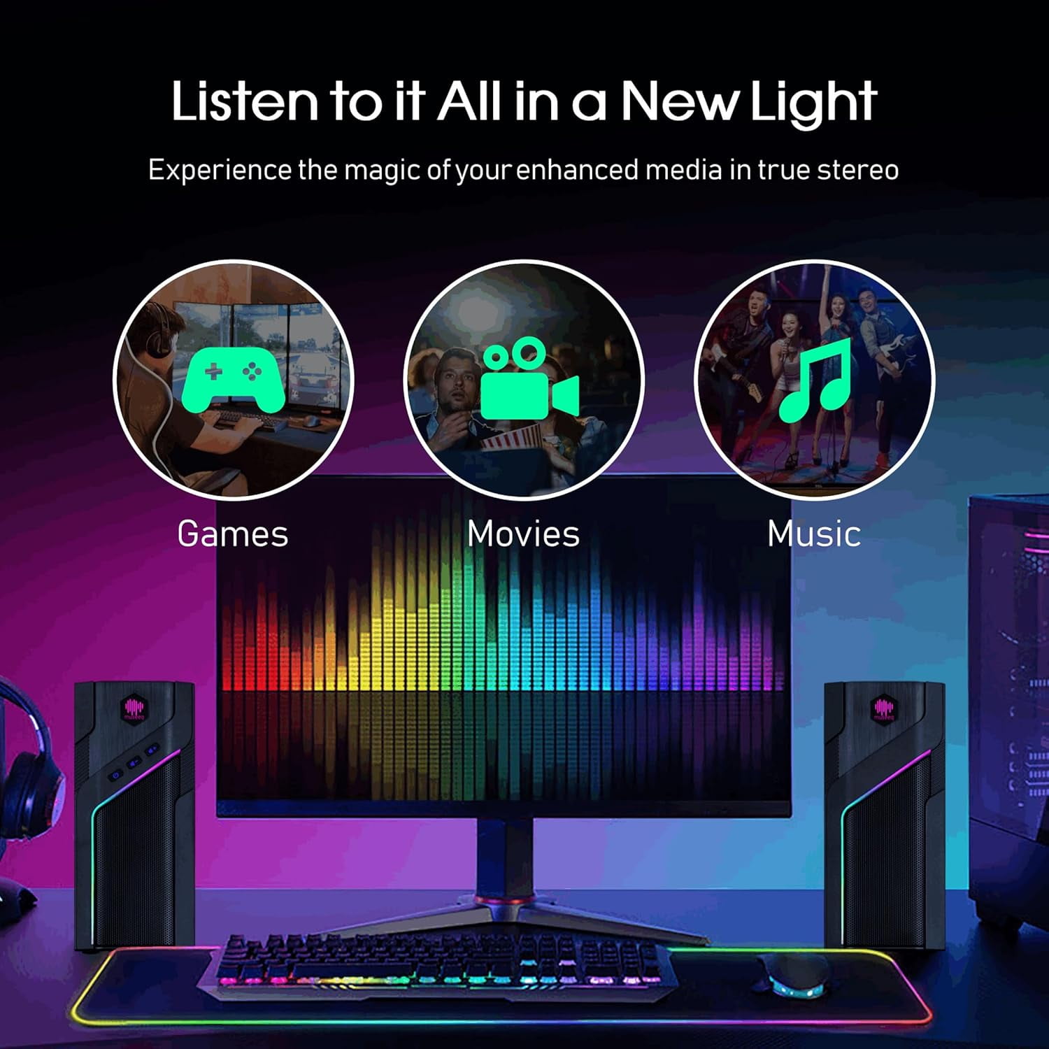 W-206RE RGB Gaming Speakers for PC, Bluetooth & USB Desktop Speakers for Gaming PC and Monitor, Touch Control Stereo Computer Speakers with 21 LED Light es