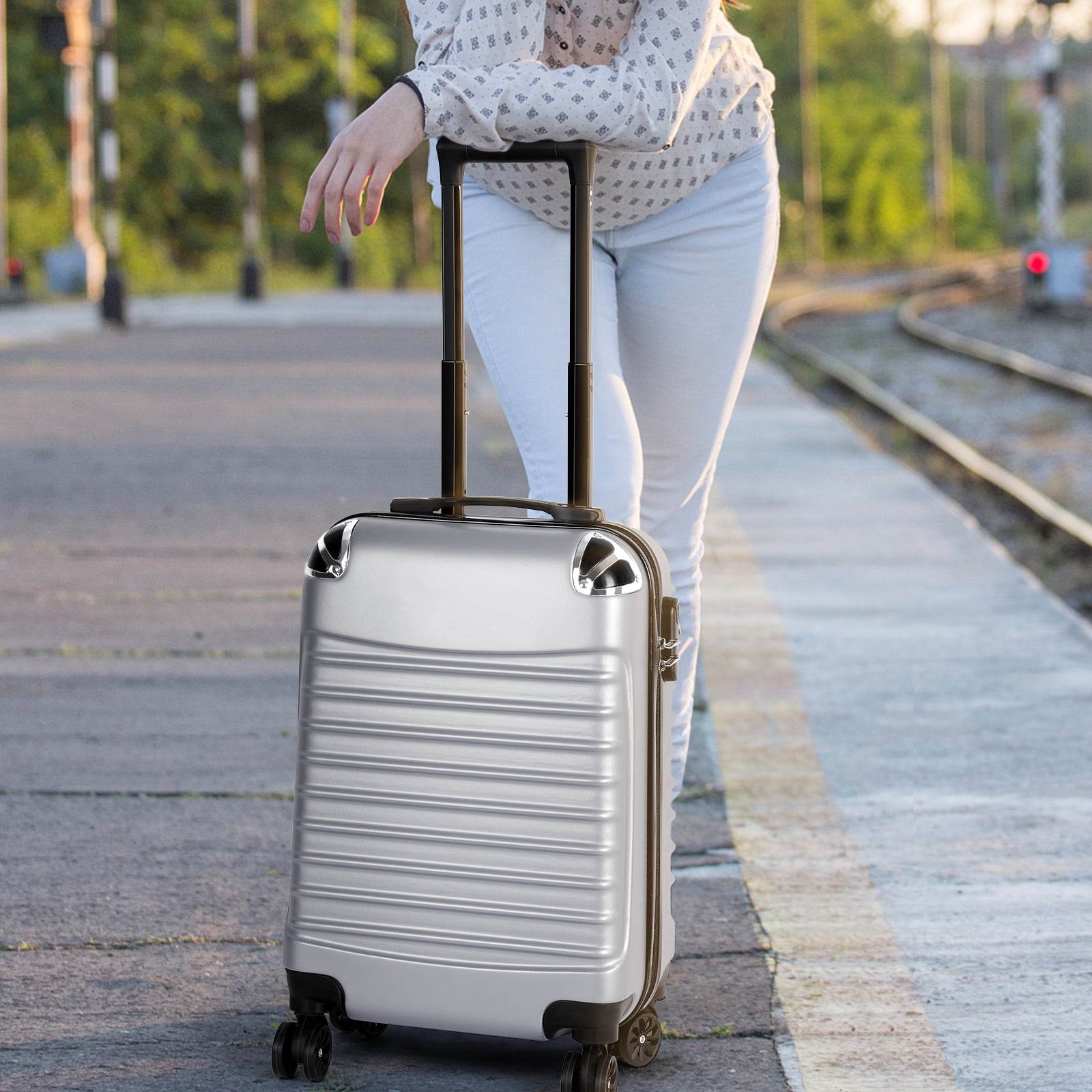 Horizontal Stripe Luggage Travel Sliding Wheels 20" Silver