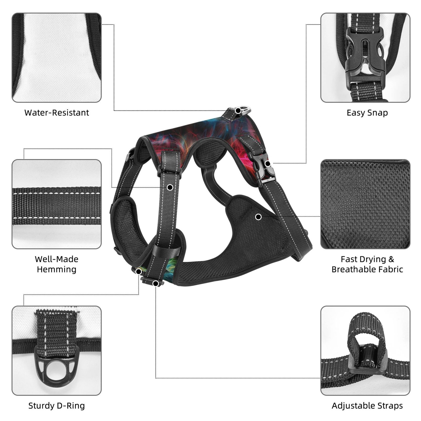 Picia Neon Spectrum Cat Portrait No-Pull Dog Harness Reflective Front Clip Vest with Handle,Step-in Air Dog Harness,Adjustable 2 Metal Rings 4 Buckles,Easy to Put on & Take Off Small